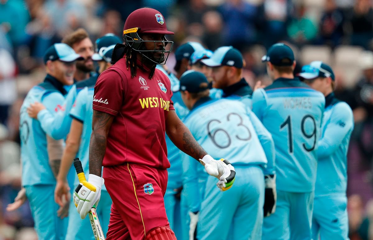 West Indies` Chris Gayle walks back to the pavilion after his dismissal during the 2019 Cricket World Cup group stage match between England and West Indies at the Rose Bowl in Southampton, southern England, on 14 June, 2019. Photo: AFP