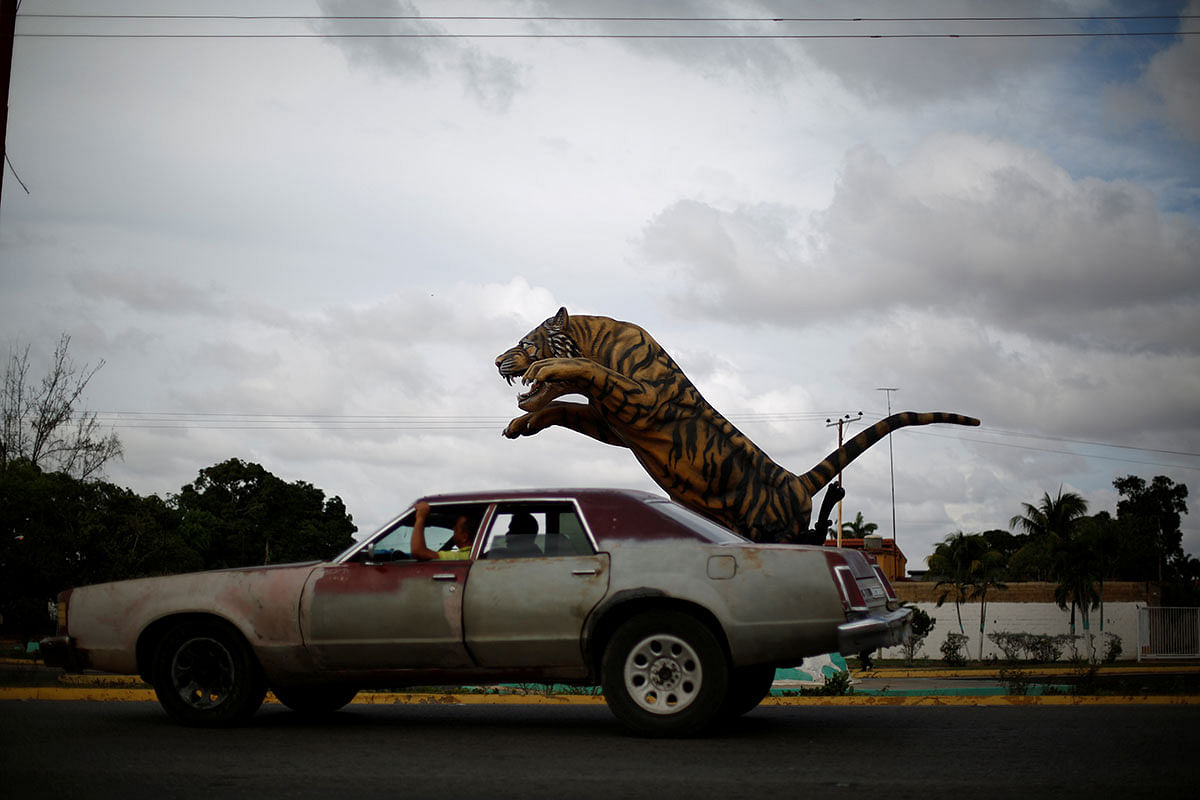 A car travels along a street next to a sculpture depicting a tiger in El Tigre, Venezuela on 4 June. Photo: Reuters