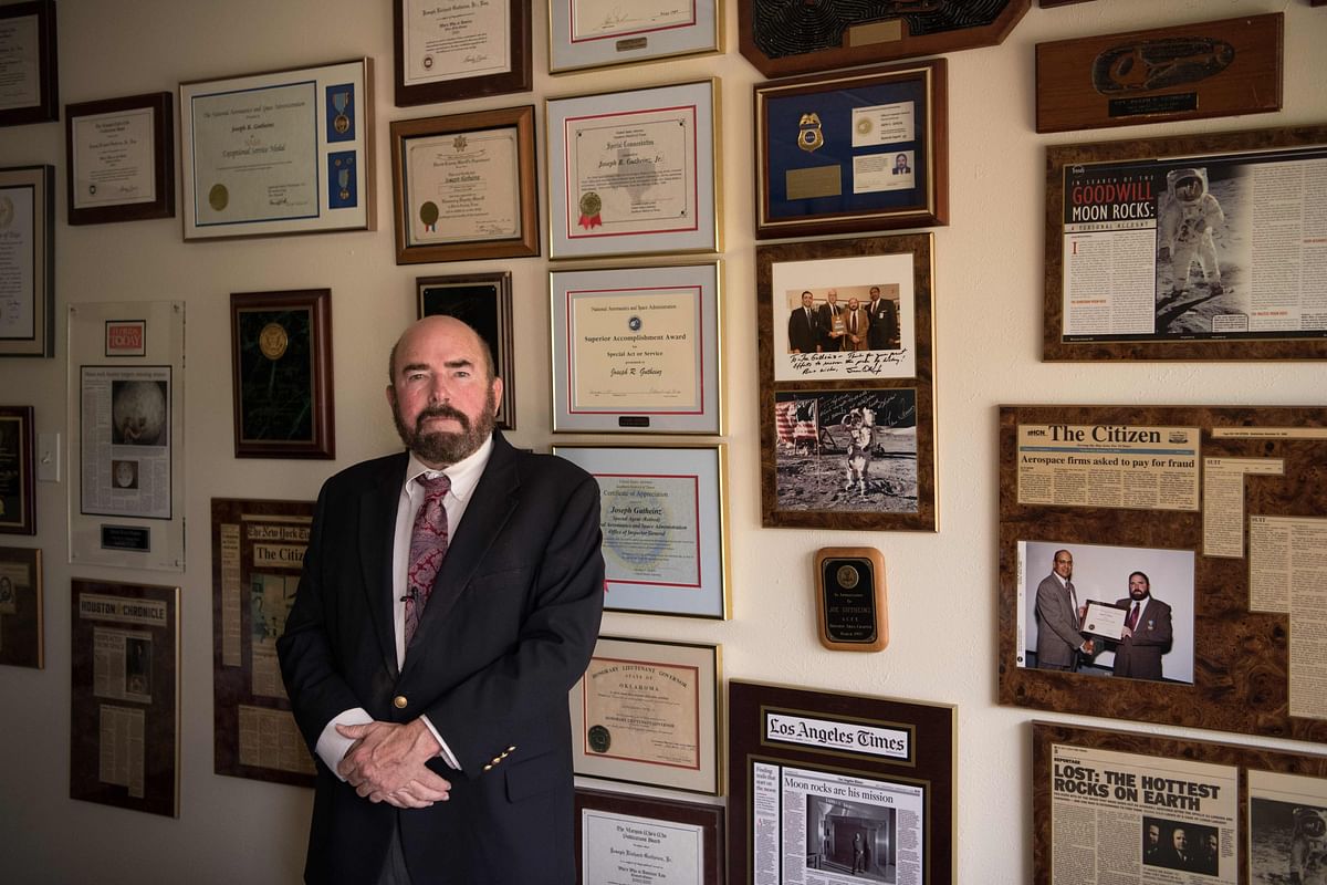 Joseph Gutheinz, an attorney known as the `Moon Rock Hunter,` poses in his office on 22 May 2019 in Friendswood, Texas. Gutheinz has long been dedicated to tracking down missing Apollo moon rock samples. After Neil Armstrong took a `giant leap for mankind` on the Moon nearly 50 years ago and collected rocks and soil along the way, Richard Nixon presented lunar souvenirs to every nation -- 135, at the time. Dozens of the `goodwill` moon rocks -- some only the size of a grain of rice, others as big as a marble -- have since gone missing, and Joseph Gutheinz Jr is on a mission to find them. Photo: AFP