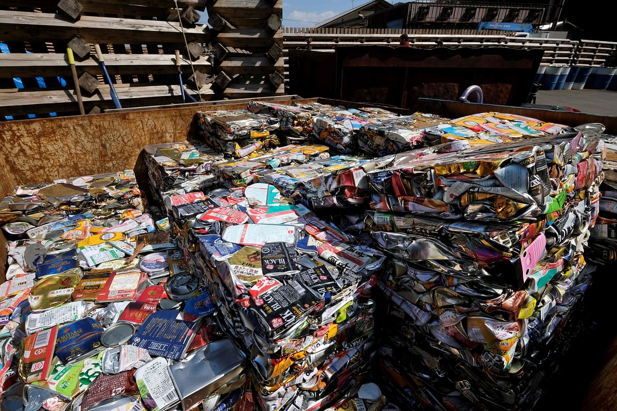 This picture taken on 14 March 2019 shows stacks of compacted aluminium cans at a waste centre in the town of Kamikatsu, Tokushima prefecture. Photo: AFP