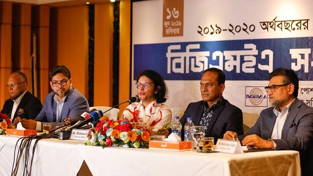 BGMEA president Rubana Huq speaking at a press conference on the proposed budget at a city hotel on Sunday. Photo: Prothom Alo