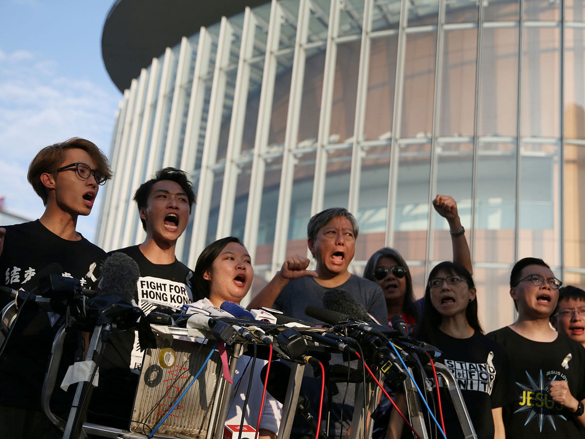 Members of Civil Human Rights Front hold a news conference in response to the announcement by Hong Kong chief executive Carrie Lam regarding the proposed extradition bill, outside the Legislative Council building in Hong Kong, China on 15 June. Photo: Reuters