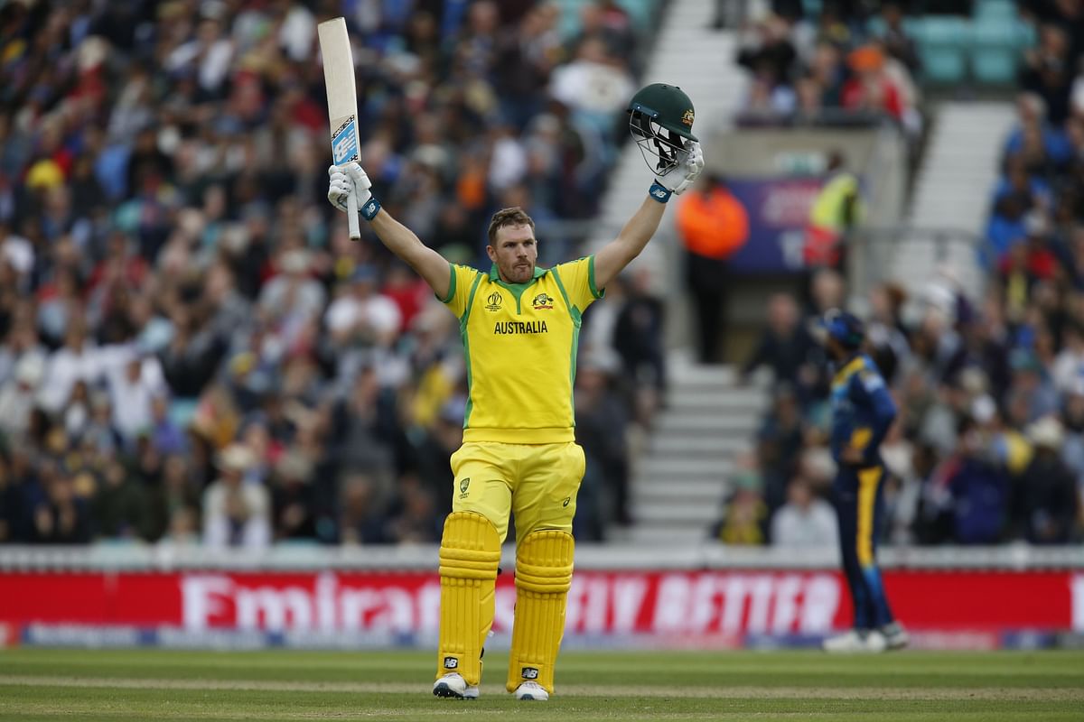 Australia`s captain Aaron Finch his century during the 2019 Cricket World Cup group stage match between Sri Lanka and Australia at The Oval in London on 15 June 2019. Photo: AFP