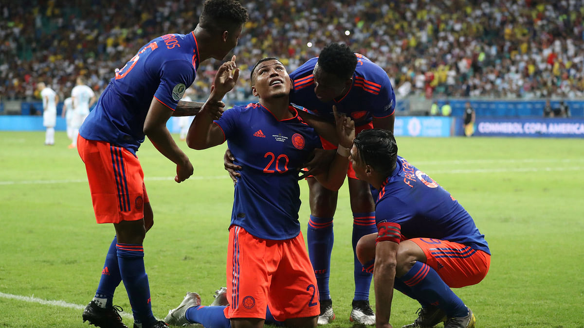 Colombia`s Roger Martinez celebrates with team mates scoring their first goal in the Copa America Brazil 2019 Group B match against Argentina at Arena Fonte Nova, Salvador, Brazil on 15 June 2019. Photo: Reuters