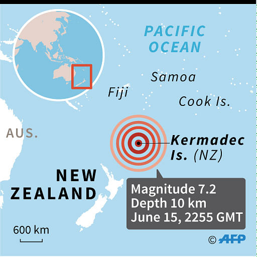 Map of New Zealand, locating earthquake near the Kermadecs. AFP