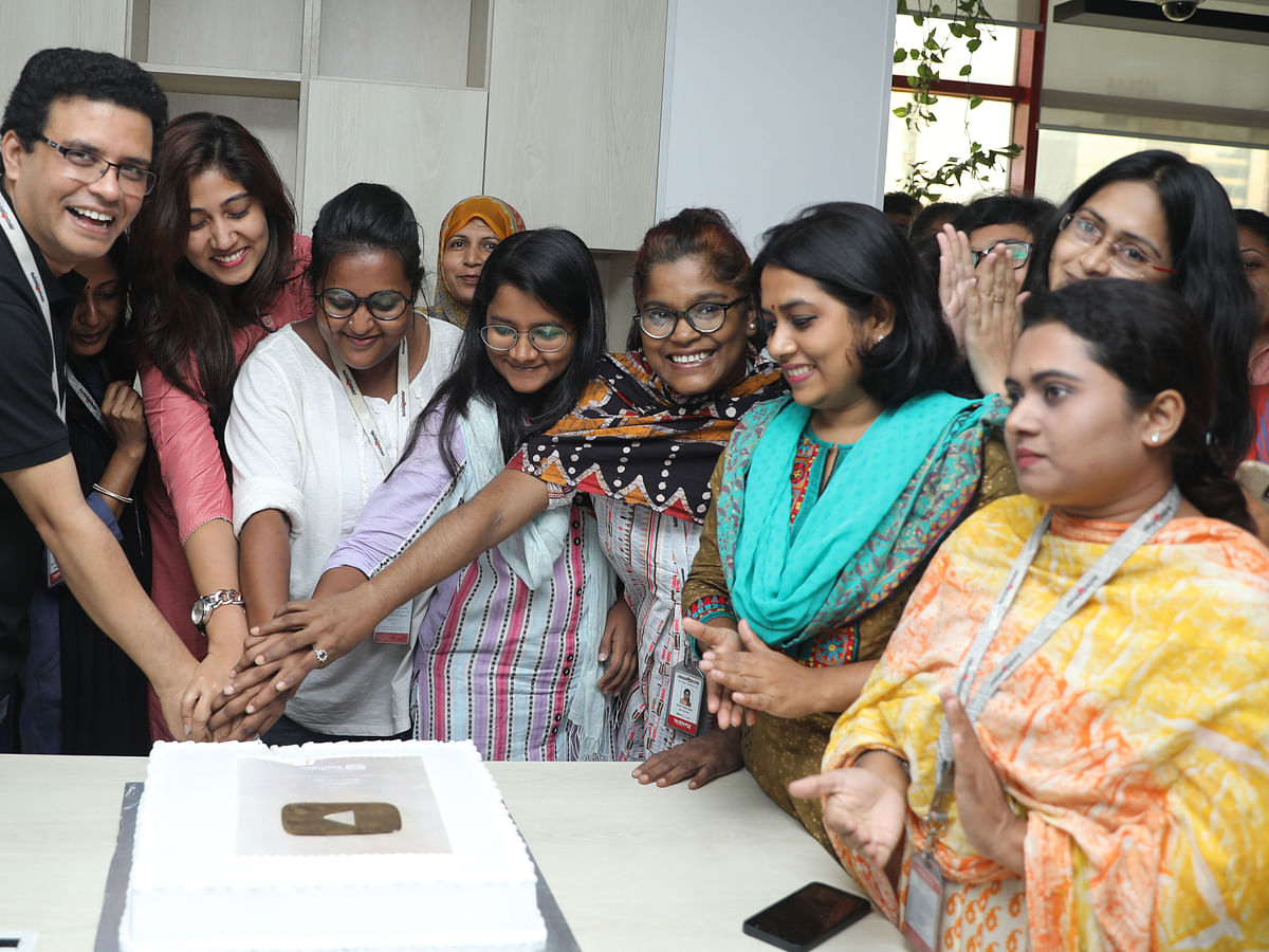 Prothom Alo celebrates YouTube Golden Play Button award at the daily`s office in Dhaka on 16 June 2019.
