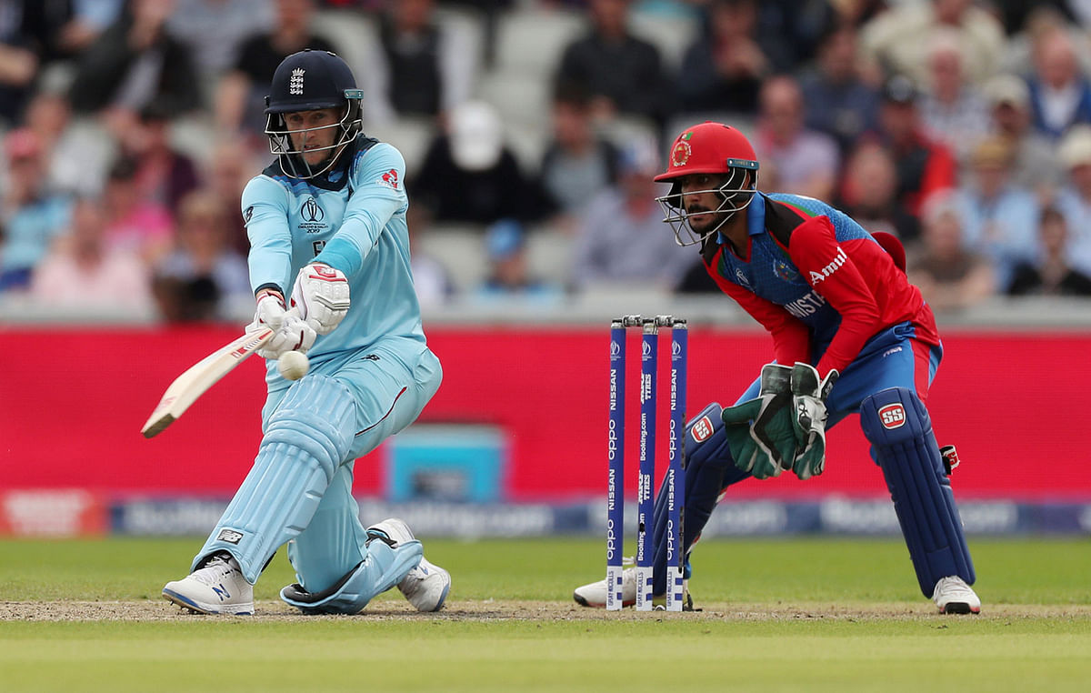 England`s Joe Root plays a shot in the 2019 Cricket World Cup group stage match against Afghanistan at Old Trafford in Manchester, England, on 18 June 2019. Photo: Reuters
