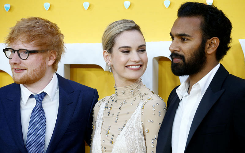 Cast members Ed Sheeran, Lily James and Himesh Patel attend the UK premiere of `Yesterday` in London, Britain on 18 June.