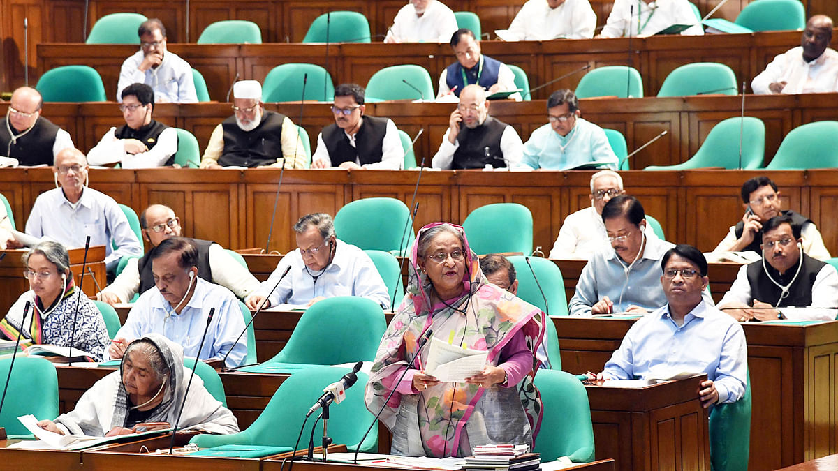 Prime minister Sheikh Hasina discusses the budget of 2018-19 on behalf of the ailing finance minister AHM Mustafa Kamal in the Jatiya sangsad on 17 June. PID File Photo