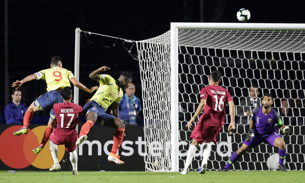 Colombia`s Duvan Zapata scores their first goal in the Copa America Brazil 2019 Group B match against Qatar at Morumbi Stadium, Sao Paulo, Brazil on 19 June 2019. Photo: Reuters