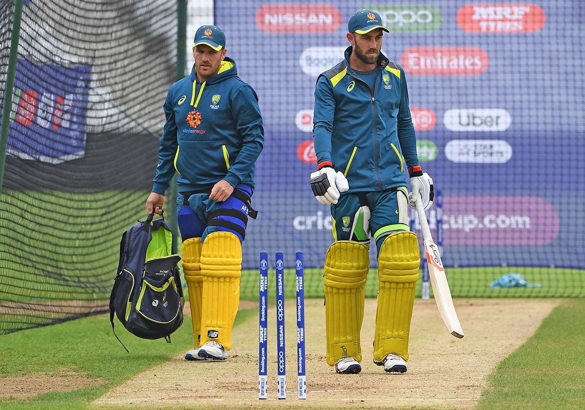 Australia`s captain Aaron Finch (L) and Australia`s Glenn Maxwell attend a training session at Trent Bridge in Nottingham, central England, on 19 June 2019, ahead of their 2019 Cricket World Cup match against Bangladesh. Photo: AFP
