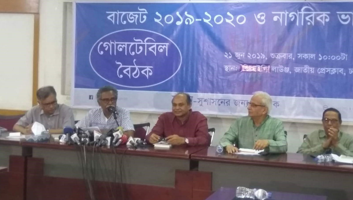 Speakers at a discussion arranged by Sushashoner Jonno Nagorik (Shujan), a civil society platform, on the proposed national budget at the National Press Club in Dhaka on Friday, 21 June, 2019. Photo: UNB