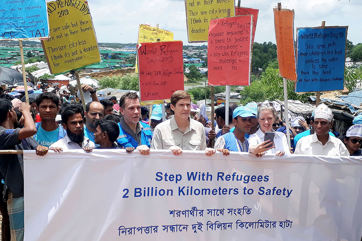 US ambassador to Bangladesh Earl R Miller participates in a rally to observe World Refugee Day at the Rohingya refugee camp in Cox`s Bazar, Bangladesh, on 20 June 2019. Photo: Reuters