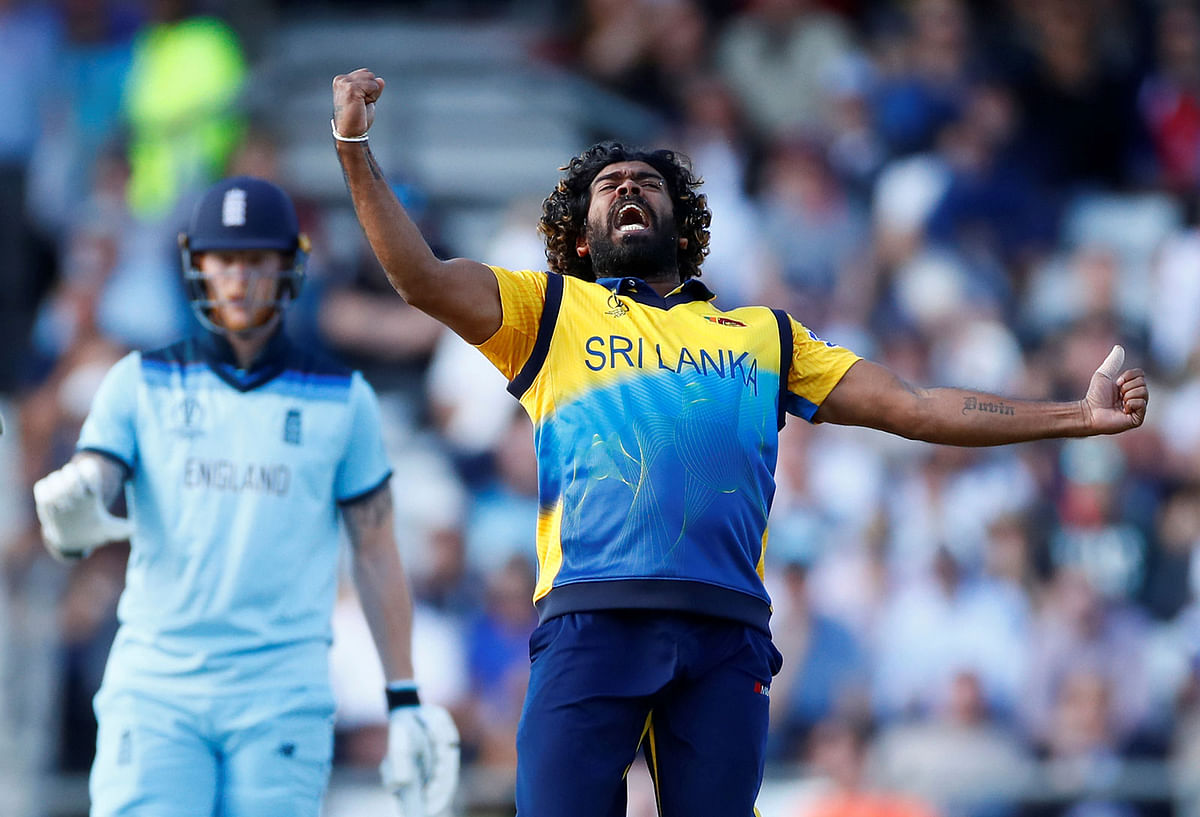 Sri Lanka`s Lasith Malinga celebrates taking the wicket of England`s Jos Buttler in the ICC Cricket World Cup match against England at Headingley, Leeds, Britain on 21 June 2019. Photo: Reuters