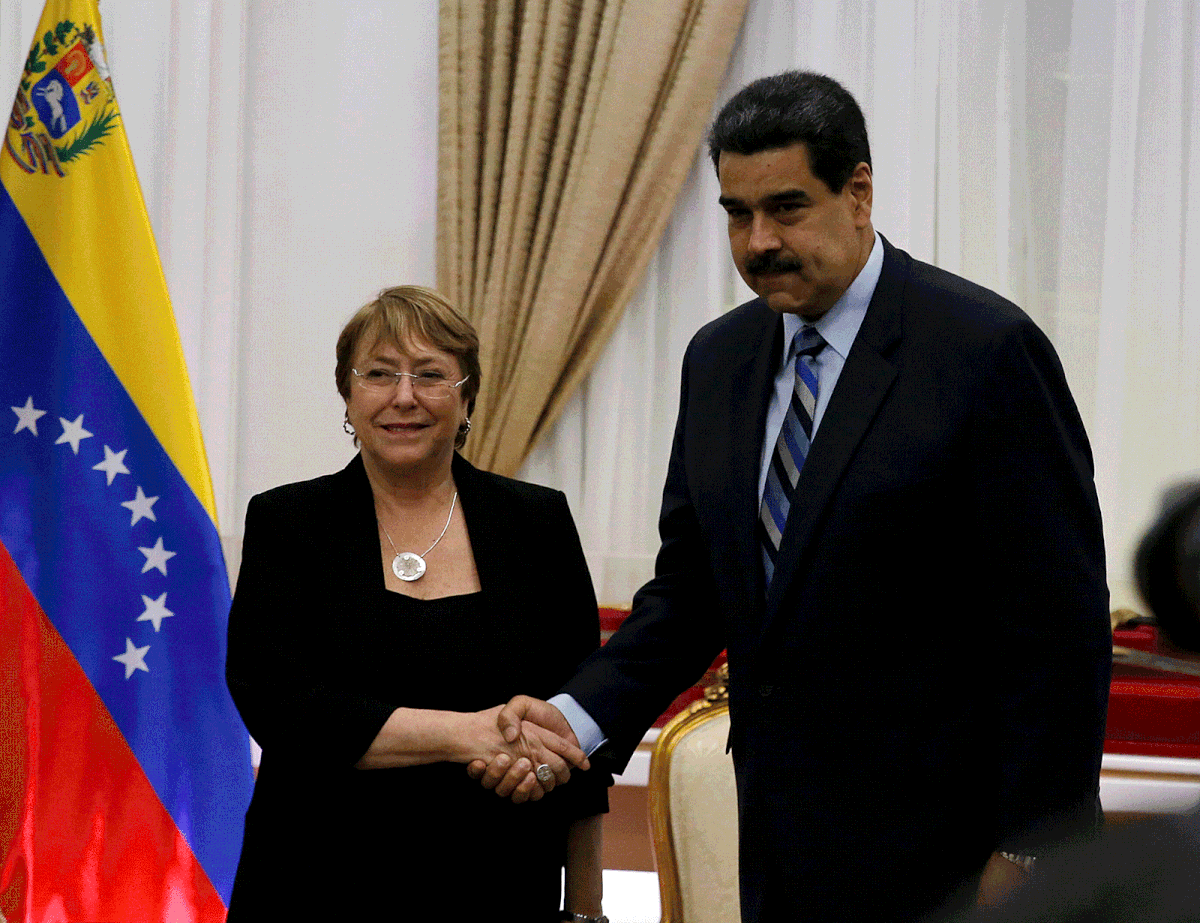 UN High Commissioner for Human Rights Michelle Bachelet and Venezuela`s president Nicolas Maduro meet in Caracas, Venezuela, on 21 June 2019. Photo: Reuters