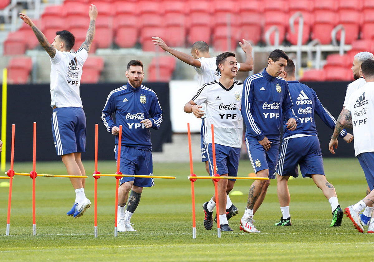 Argentina`s Lionel Messi and team mates during training at Beira Rio Stadium, Porto Alegre, Brazil on 22 June 2019. Photo: Reuters