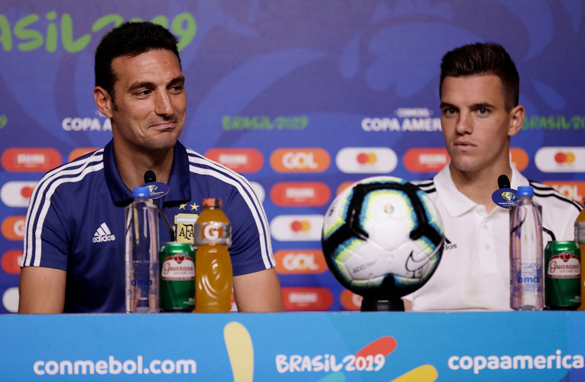 Argentina coach Lionel Scaloni and Giovani Lo Celso during press conference at Arena do Gremio, Porto Alegre, Brazil on 22 June 2019. Photo: Reuters