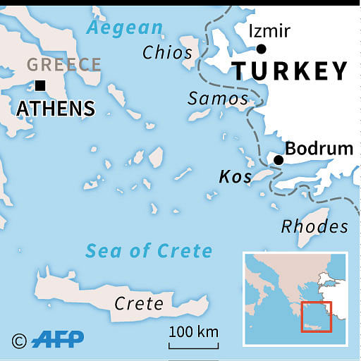 Map of western Turkey and Greek islands locating migrant disaster between Bodrum and Kos. Photo: AFP
