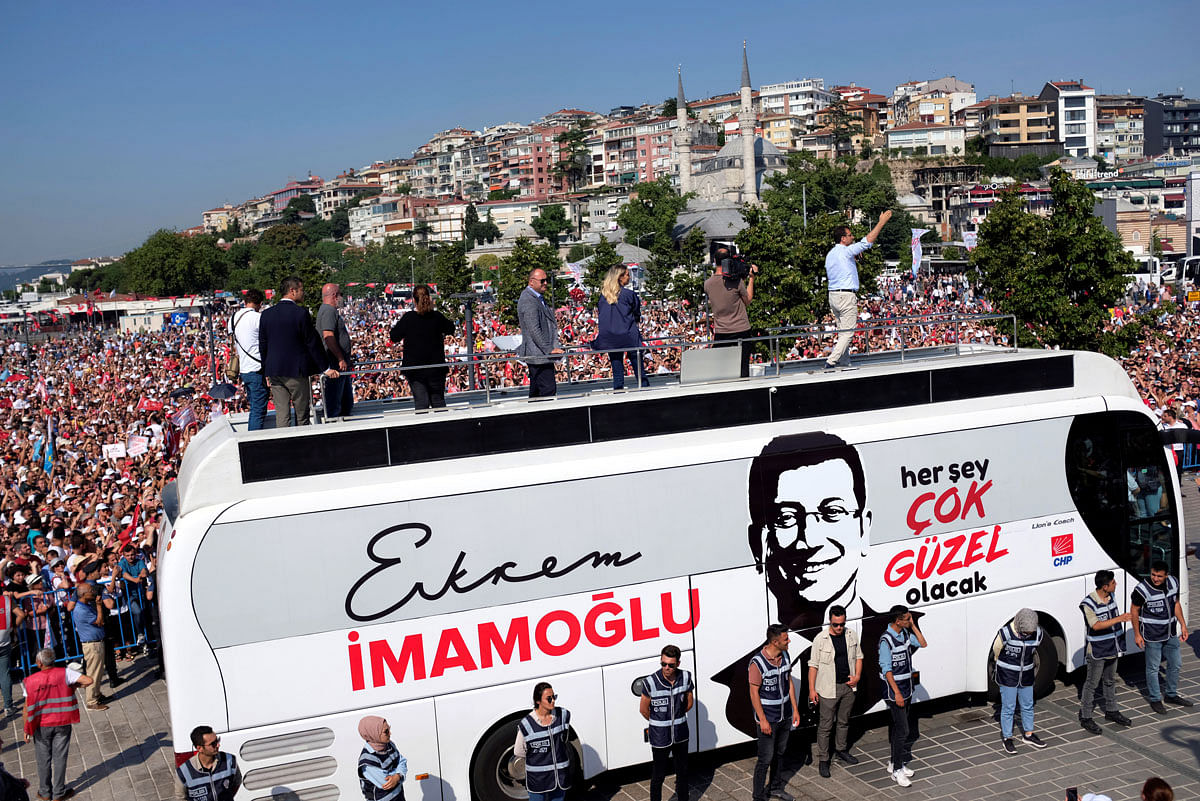 Ekrem Imamoglu, mayoral candidate of the main opposition Republican People`s Party (CHP), addresses his supporters during an election rally in Istanbul, Turkey, on 22 June 2019. Photo: Reuters