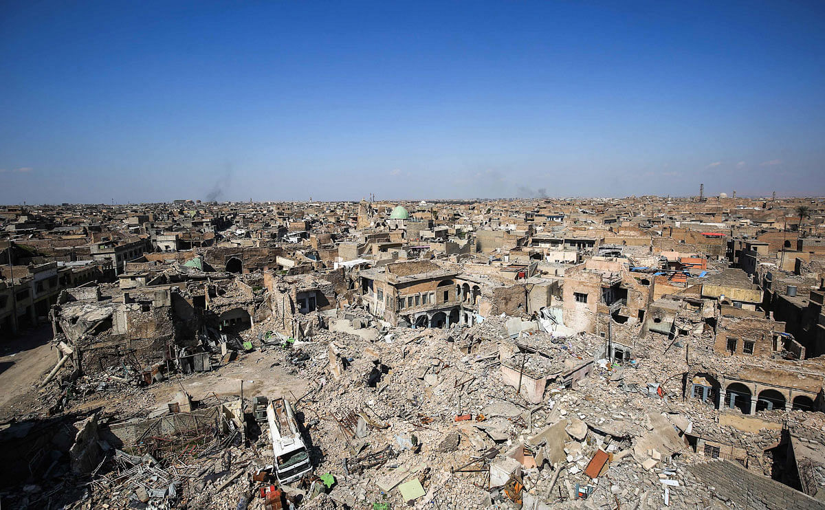 In this file photo taken on 14 March 2018 shows a view of destruction in the former residential area around the Nuri mosque (C, back) in the old city of Mosul, eight months after it was retaken by Iraqi government forces from the control of Islamic State (IS) group fighters. AFP File Photo