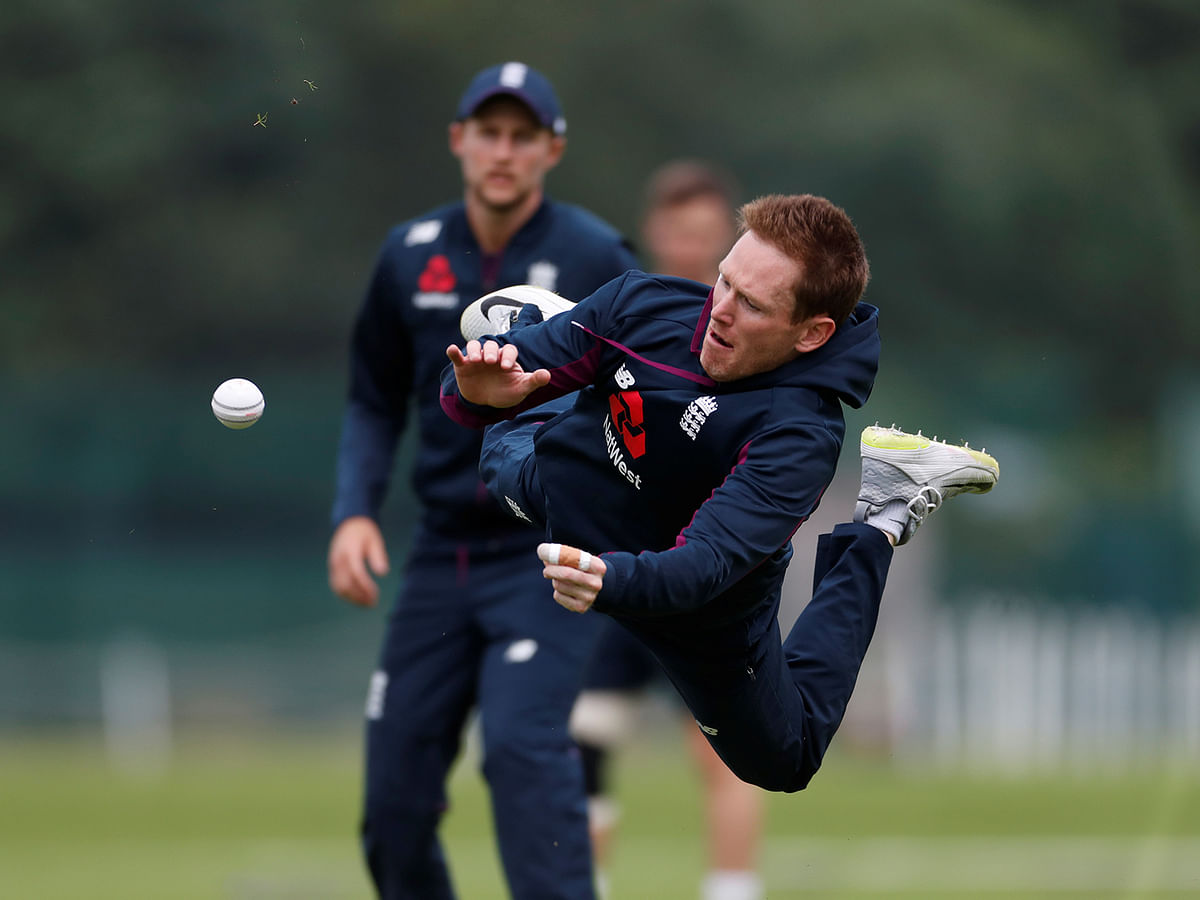 England`s Eoin Morgan during nets in Merchant Taylors School, Northwood, Britain on 23 June, 2019. Photo: Reuters