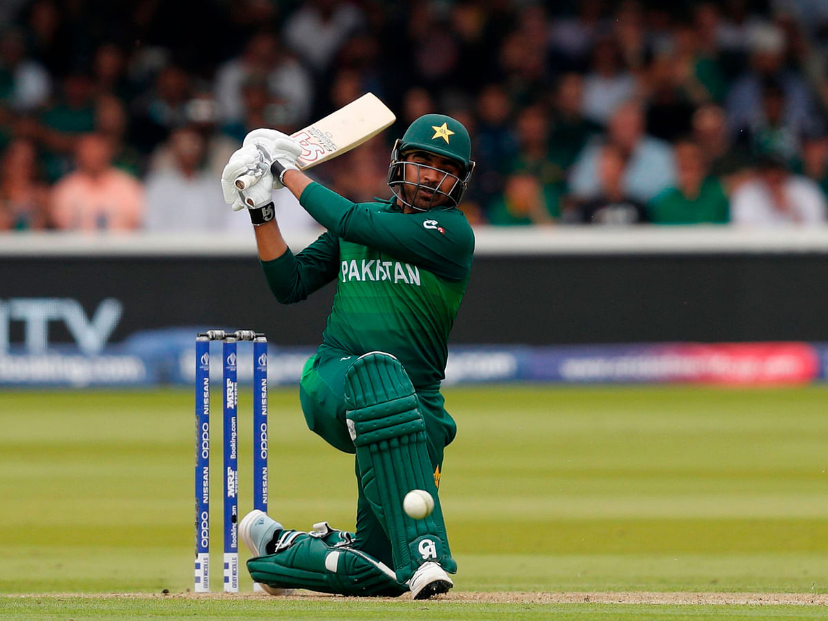 Pakistan`s Haris Sohail plays a shot during the 2019 Cricket World Cup group stage match between Pakistan and South Africa at Lord`s Cricket Ground in London on 23 June, 2019. Photo: AFP