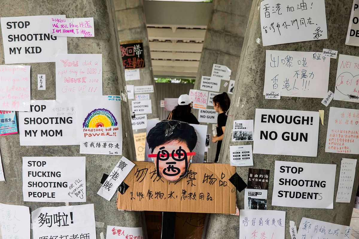 This picture taken on 22 June 2019 shows posters posted by protesters after demonstrations against a China extradition law in Hong Kong. Photo: AFP