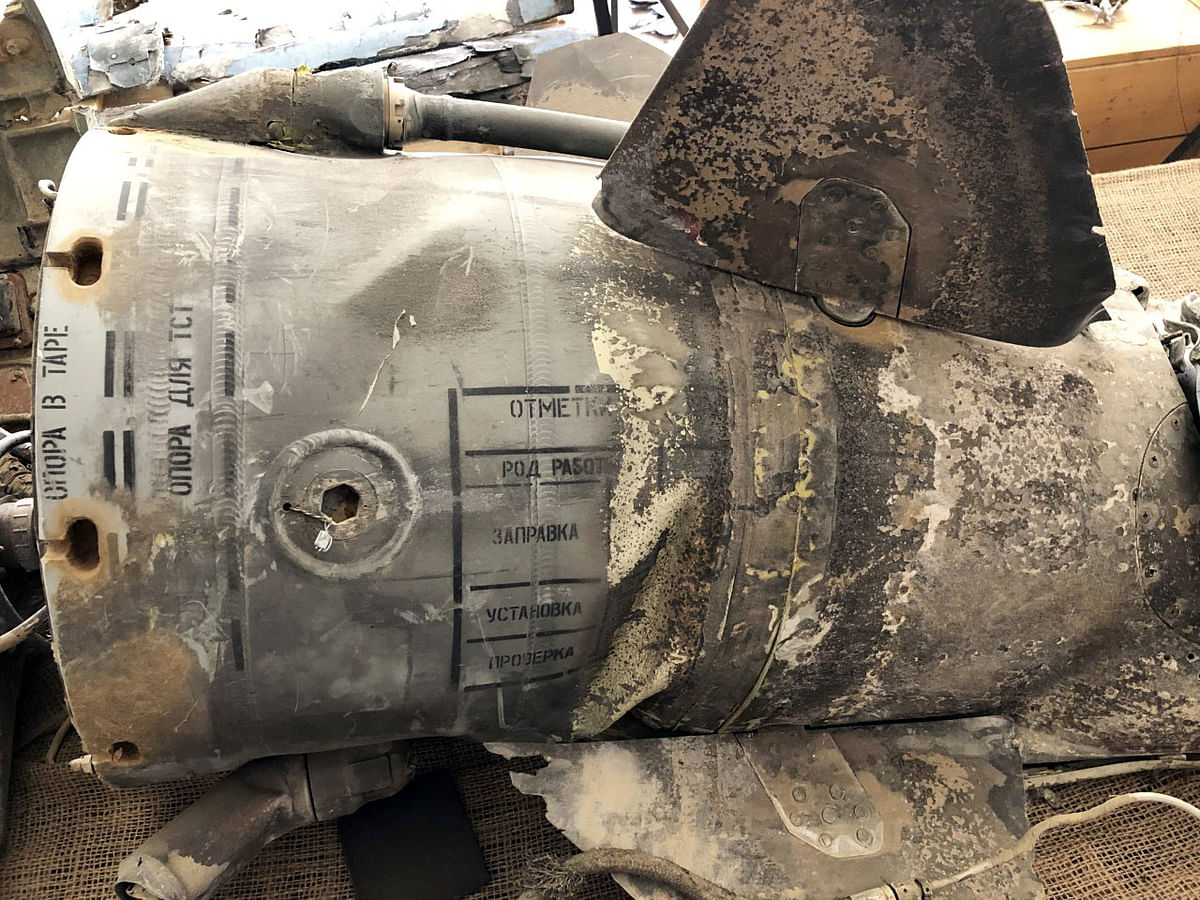 This Reuters file photo shows a projectile earlier launched at Saudi Arabia by Yemenis Houthis is displayed at a Saudi military base, Al-Kharj, Saudi Arabia 21 June 2019.