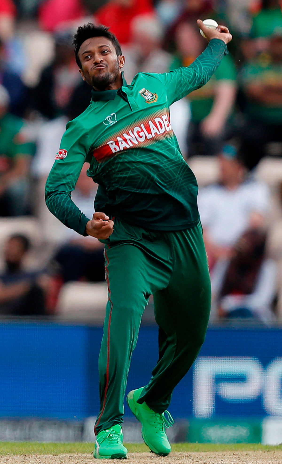 Bangladesh`s Shakib Al Hasan delivers a ball during the 2019 Cricket World Cup group stage match between Bangladesh and Afghanistan at the Rose Bowl in Southampton, southern England, on 24 June 2019. Photo: AFP