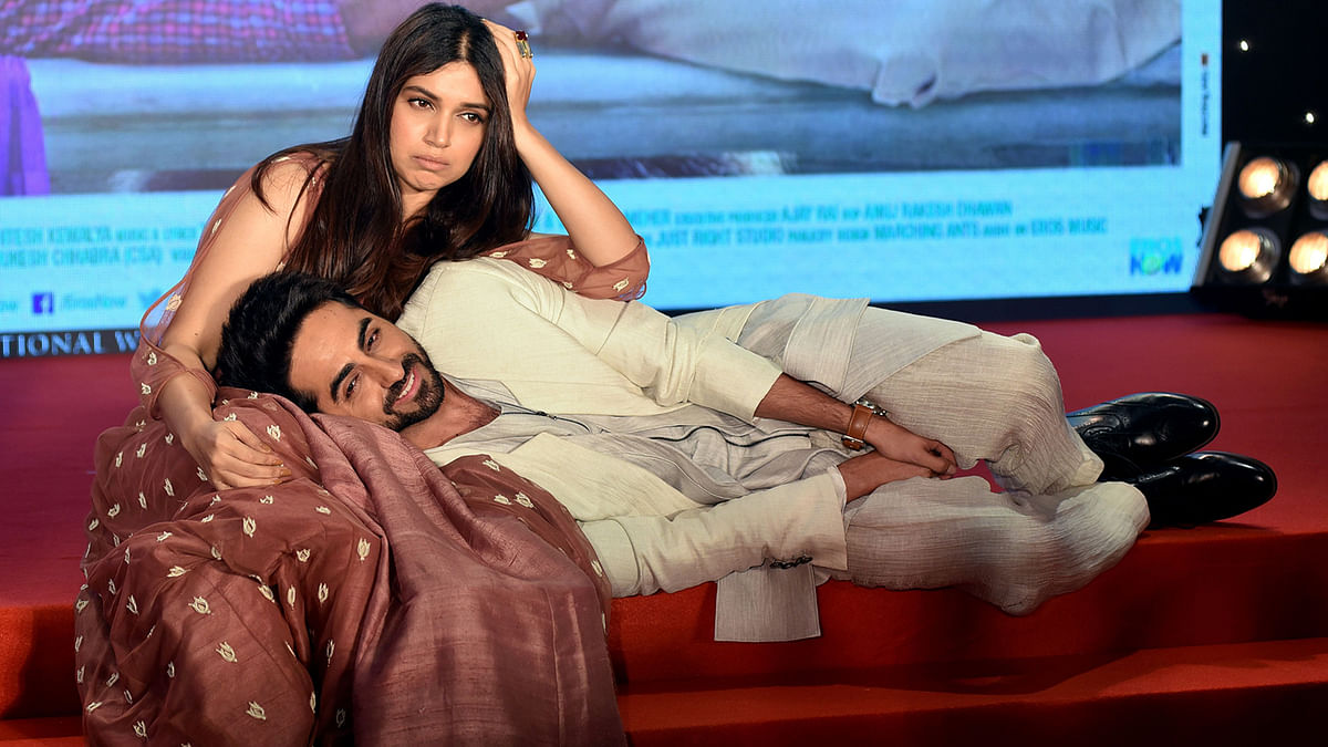 In this file photo taken on August 1, 2017 Indian Bollywood actors Ayushmann Khurrana and Bhumi Pednekar (top) pose for a photograph during a promotional event for the Hindi film `Shubh Mangal Saavdhan` in Mumbai. Photo: AFP