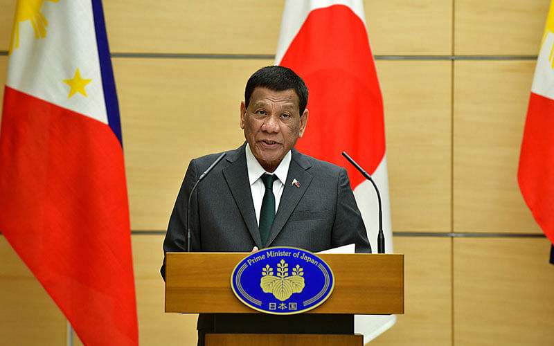 Philippine president Rodrigo Duterte delivers a speech during their joint press statement with Japan`s prime minister Shinzo Abe (not pictured) at Abe`s official residence in Tokyo, Japan on 31 May. Photo: Reuters