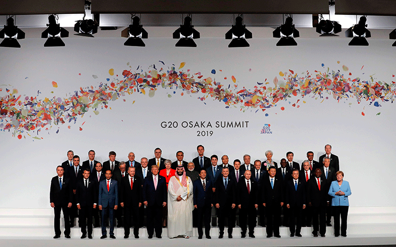 Leaders pose for a family photo at the G20 Summit in Osaka on 28 June 2019. Photo: AFP