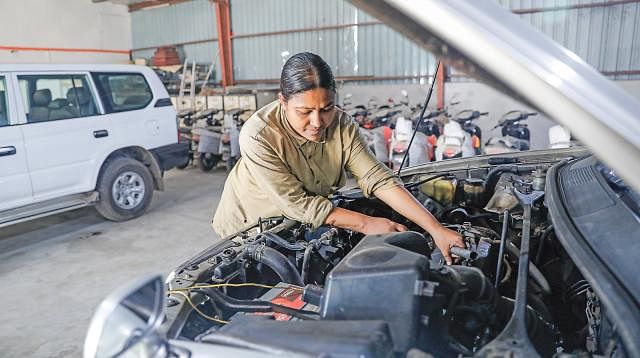 Female car mechanic working at her workplace in capital`s Panthapath recently. Photo: Sabina Yesmin