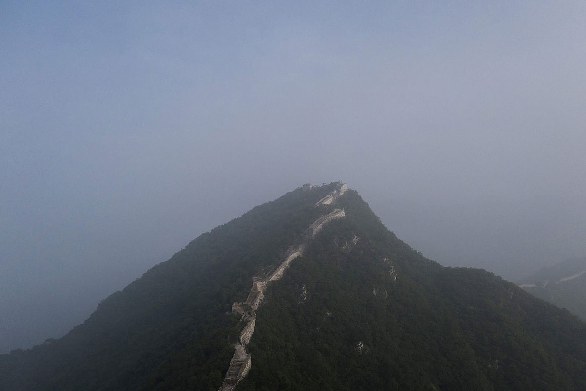 This aerial picture taken on 17 May 2019 shows the Great Wall in Xiangshuihu, in Huairou District, on the outskirts of Beijing. Photo: AFP