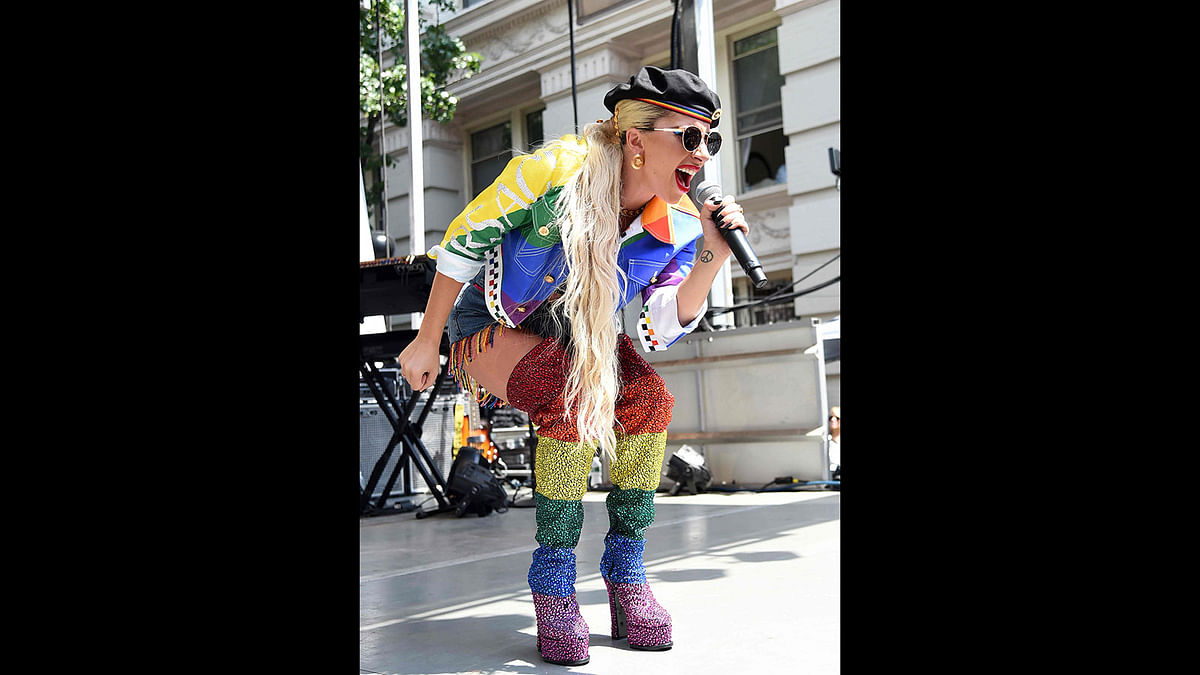 In this photo taken on 28 June Lady Gaga speaks onstage during Pride Live`s 2019 Stonewall Day in New York City. Photo: AFP