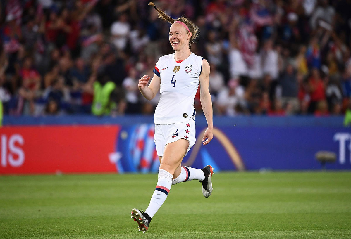 United States` defender Becky Sauerbrunn celebrates at the end of the France 2019 Women`s World Cup quarter-final football match between France and United States, on 28 June 2019, at the Parc des Princes stadium in Paris. Photo: AFP