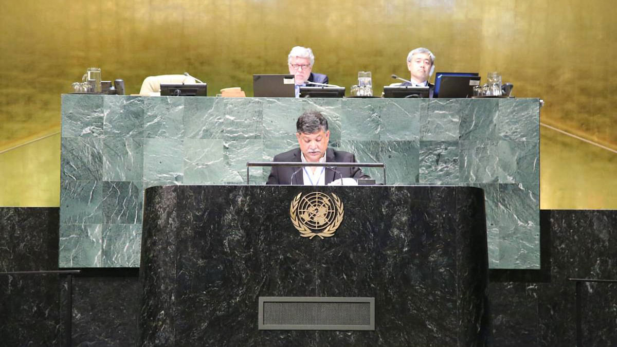 The Permanent Representative (PR) of Bangladesh Ambassador Masud Bin Momen speaks at the Plenary debate titled, “The responsibility to protect (R2P) and the prevention of genocide, war crimes, ethnic cleansing and crimes against humanity: report of the Secretary-General” in New York. Photo: Courtesy