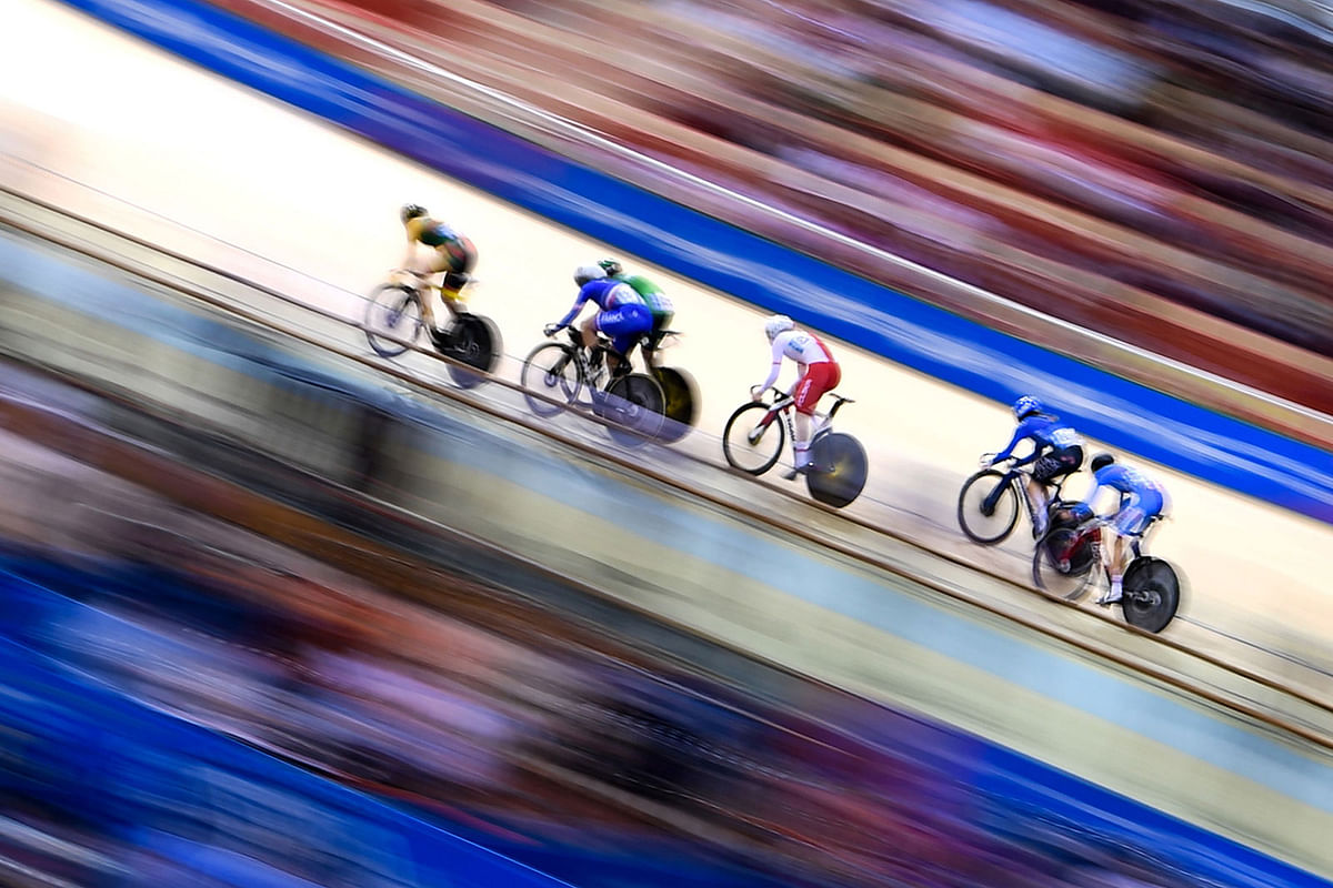 Riders compete in the women`s keirin race of track cycling at the 2019 European Games in Minsk on 28 June 2019. Photo: AFP