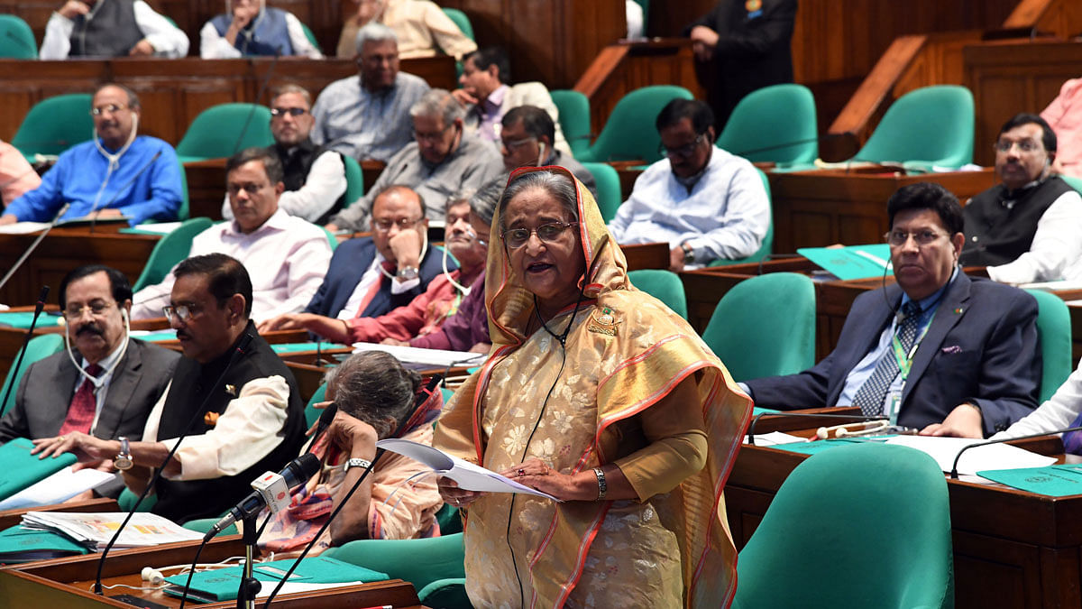 Prime minister Sheikh Hasina discusses various points of the Finance Bill 2019 in parliament on Saturday. Photo: PID