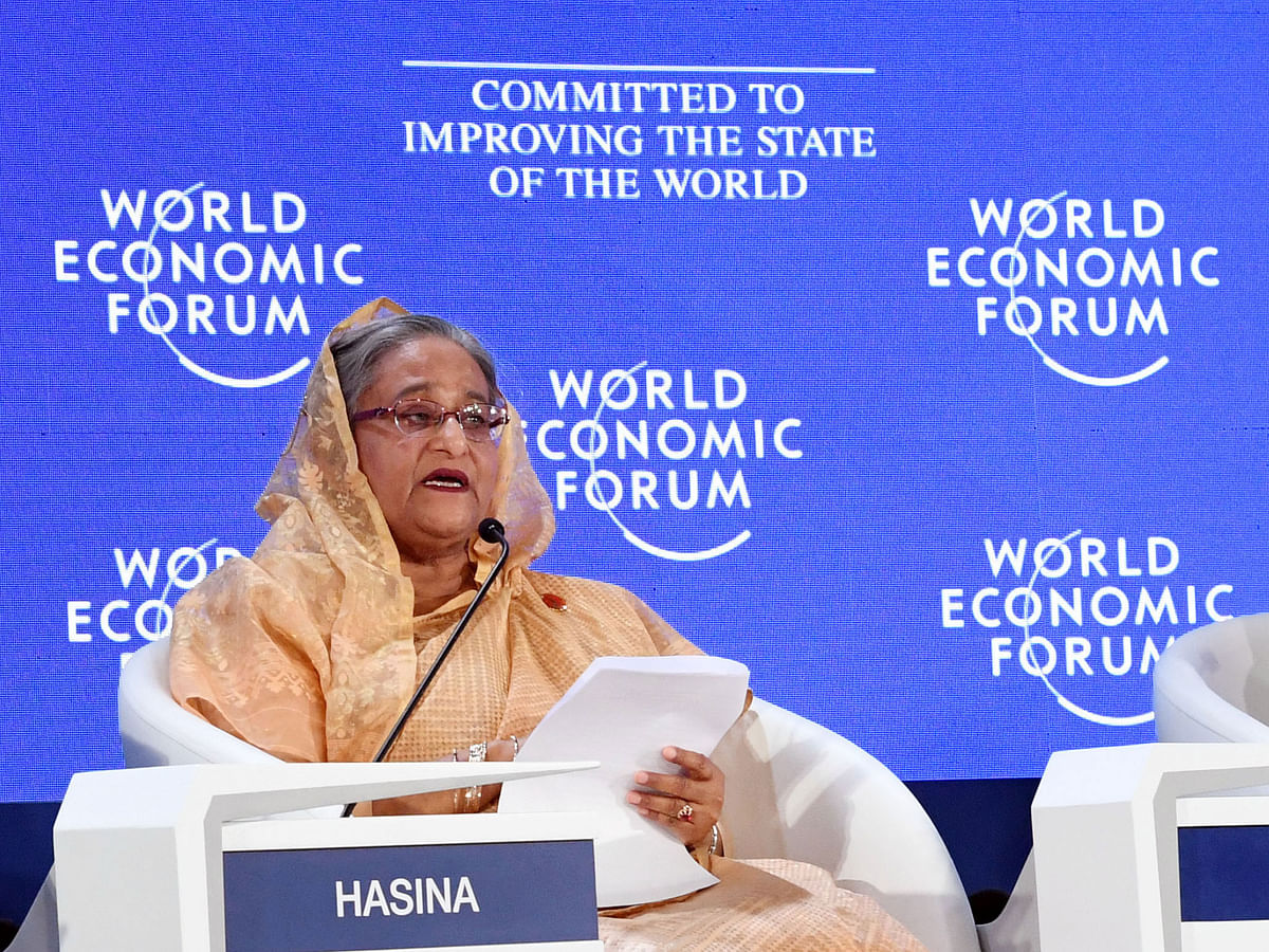 Prime minister Sheikh Hasina takes part in a panel discussion on `Cooperation in the Pacific Rim` at the 3-day World Economic Forum`s Annual Meeting of the New Champions 2019 at Dalian International Conference Centre at Dalian city of China’s Liaoning province on Tuesday. Photo: PID