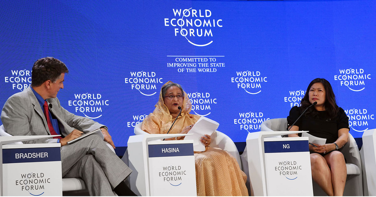 Prime minister Sheikh Hasina takes part in a panel discussion on `Cooperation in the Pacific Rim` at the 3-day World Economic Forum`s Annual Meeting of the New Champions 2019 at Dalian International Conference Centre at Dalian city of China’s Liaoning province on Tuesday. Photo: PID