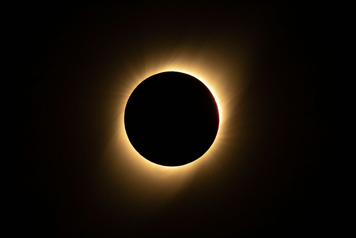 Solar eclipse as seen from the La Silla European Southern Observatory (ESO) in La Higuera, Coquimbo Region, Chile, on July 02, 2019. Tens of thousands of tourists braced Tuesday for a rare total solar eclipse that was expected to turn day into night along a large swath of Latin America`s southern cone, including much of Chile and Argentina. / AFP