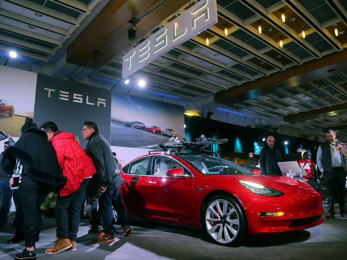 A Tesla Model 3 car is displayed at the Canadian International AutoShow in Toronto, Ontario, Canada on 15 February. Photo: Reuters