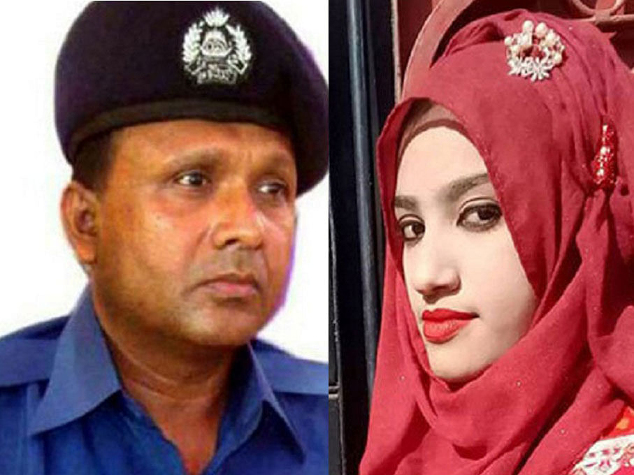 Sonagazi police station officer-in-charge Moazzem Hossain (L) and Nusrat Jahan Rafi. UNB File Photo