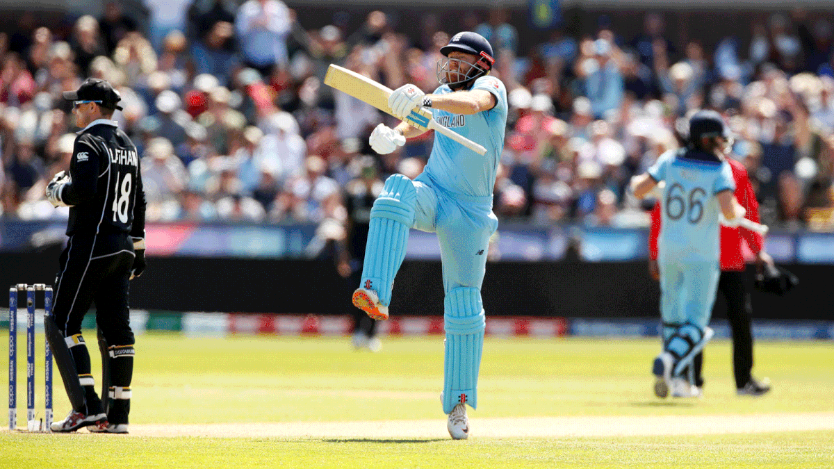 England`s Jonny Bairstow celebrates his century in the ICC Cricket World Cup match against New Zealand at Emirates Riverside, Chester-Le-Street, Britain on 3 July 2019. Photo: Reuters