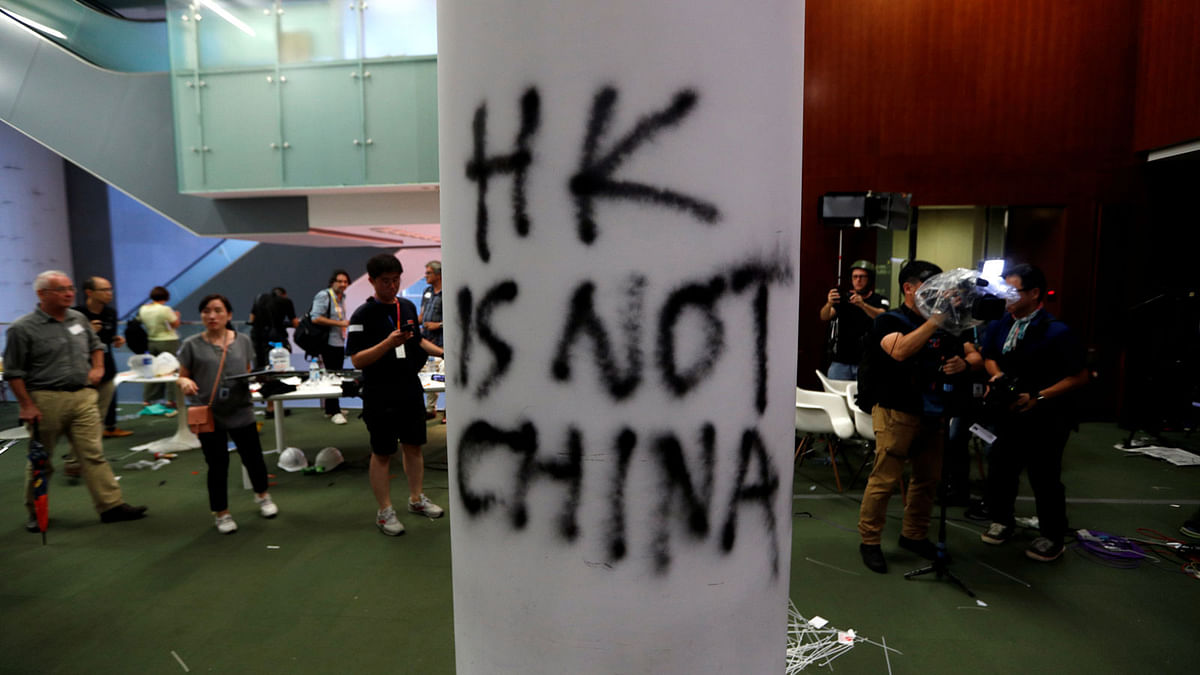 A view shows damages inside the Legislative Council building after protesters stormed it during a demonstration on the anniversary of Hong Kong`s handover to China, in Hong Kong, China on 3 July 2019. Photo: Reuters