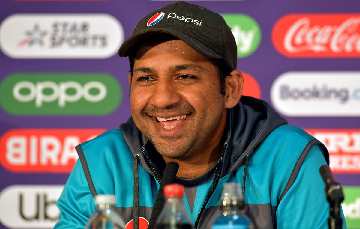 Pakistan`s captain Sarfaraz Ahmed attends a press conference at Lord`s cricket ground in London on 4 July, 2019, ahead of their 2019 Cricket World Cup group stage match against Bangladesh. Photo: AFP