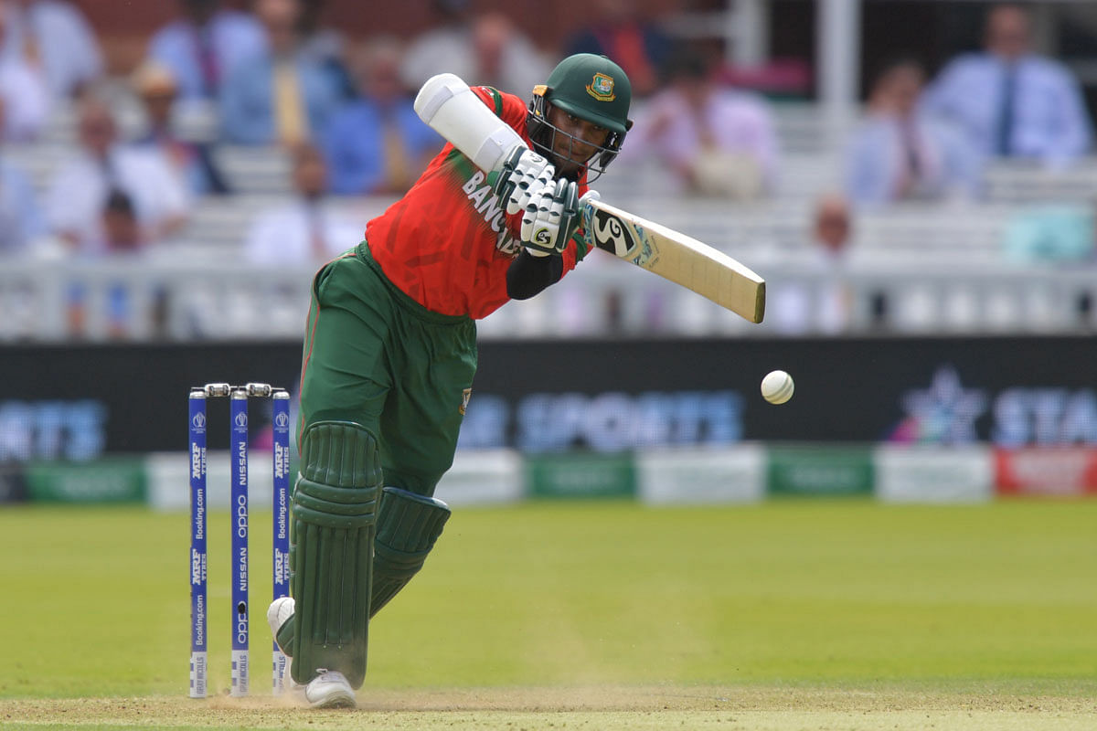 Bangladesh`s Shakib Al Hasan plays a shot during the 2019 Cricket World Cup group stage match between Pakistan and Bangladesh at Lord`s Cricket Ground in London on July 5, 2019. AFP
