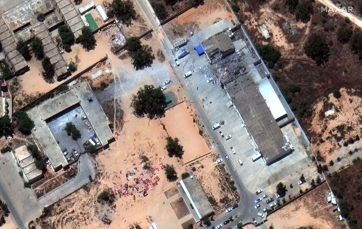 Satellite imagery of the aftermath of the airstrike that hit a migrant centre in the Tajoura suburb of Tripoli, Libya. Photo: Reuters