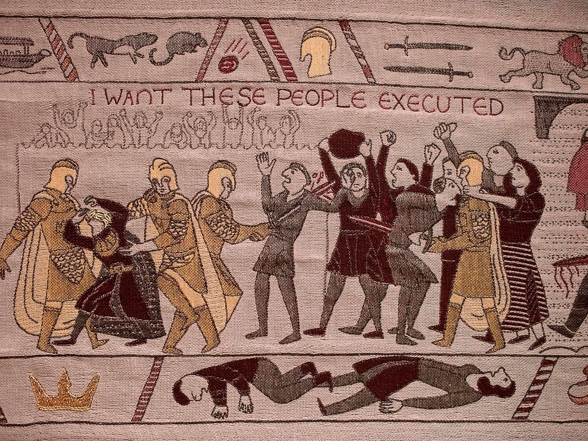 Embroidered scenes on the tapestry depicting the hit television series Game of Thrones are on show at the Ulster Museum in Belfast on 5 July 2019. Photo: AFP